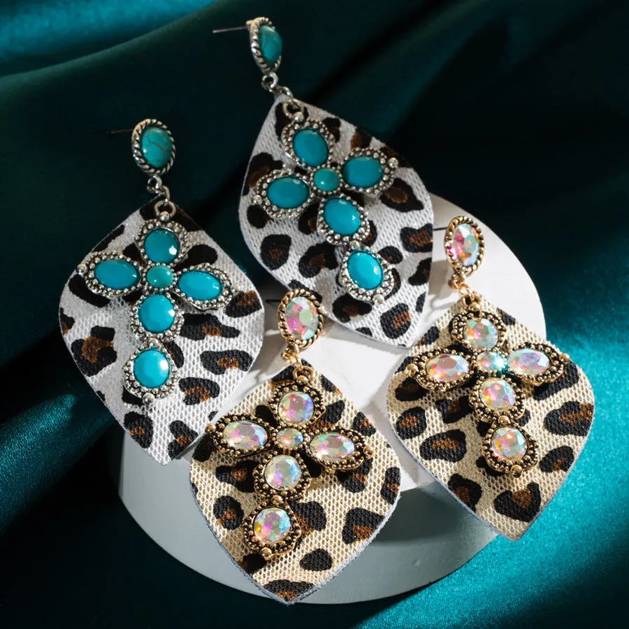 Wholesale Vintage Western Leopard Print Inlaid Turquoise Leather Earrings