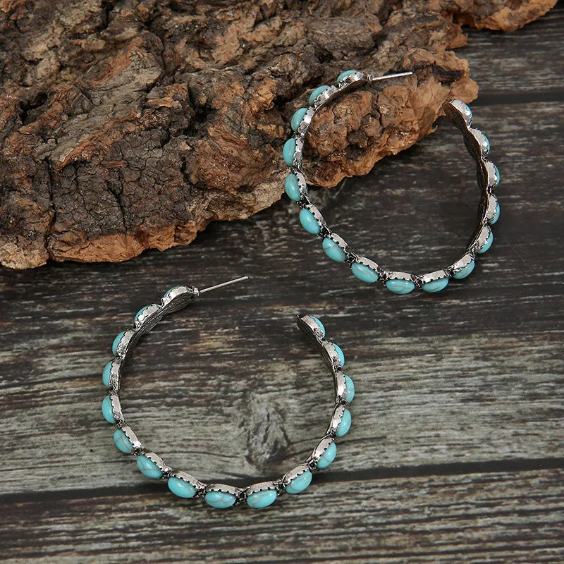 Wholesale Vintage Western Style Turquoise Large Circle C-Shaped Earrings