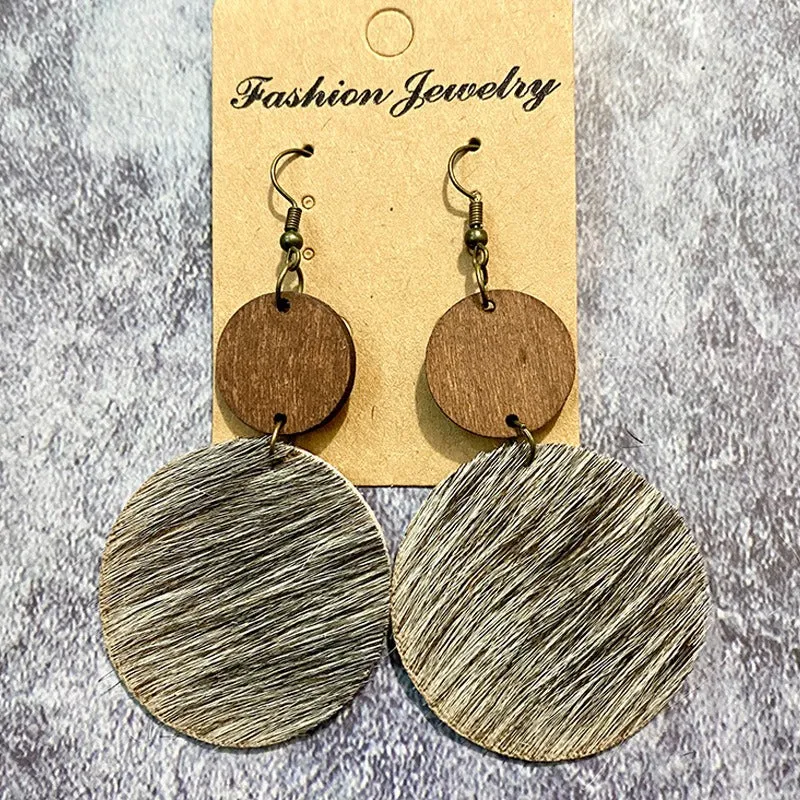 Wholesale Vintage Western Wood Genuine Leather Horse Hair Stitching Earrings