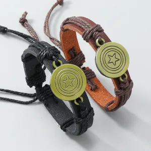 Wholesale Vintage Woven Antique Copper Alloy Pentagram Leather Bracelet