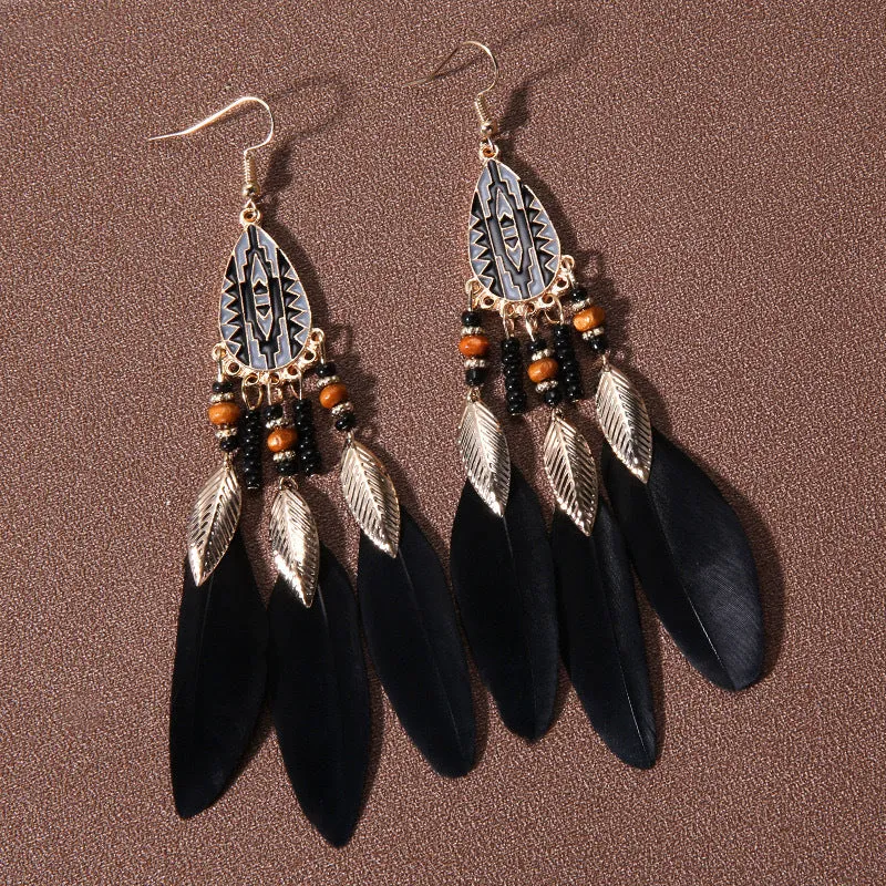 Wholesale Water Drop Tassel Feather Long Bohemian Rice Bead Earrings