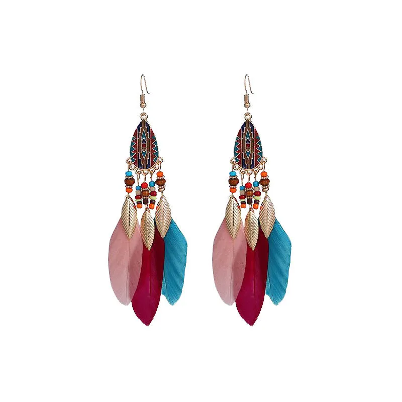 Wholesale Water Drop Tassel Feather Simian Pearl Earrings