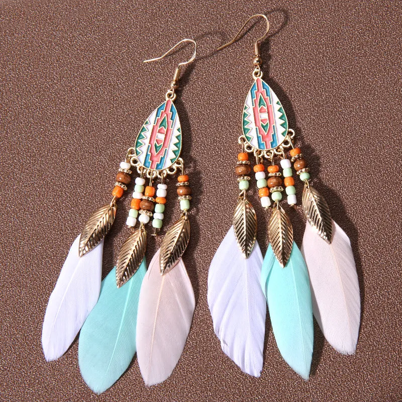 Wholesale Water Drop Tassel Feather Simian Pearl Earrings