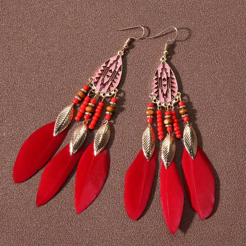 Wholesale Water Drop Tassel Feather Simian Pearl Earrings