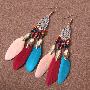 Wholesale Water Drop Tassel Feather Simian Pearl Earrings