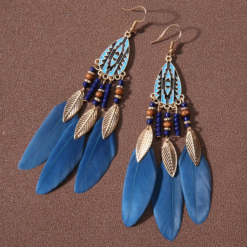 Wholesale Water Drop Tassel Feather Simian Pearl Earrings