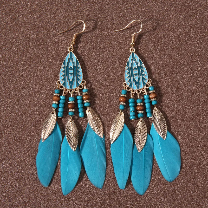 Wholesale Water Drop Tassel Feather Simian Pearl Earrings