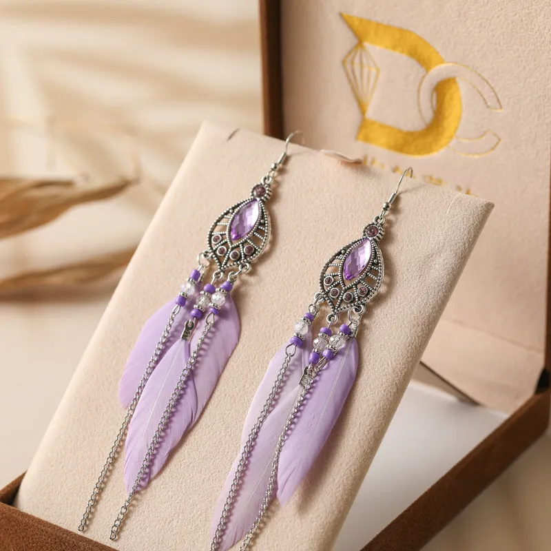 Wholesale Waterdrop Feather Retro Dot Diamond Chain Small Fresh Earrings