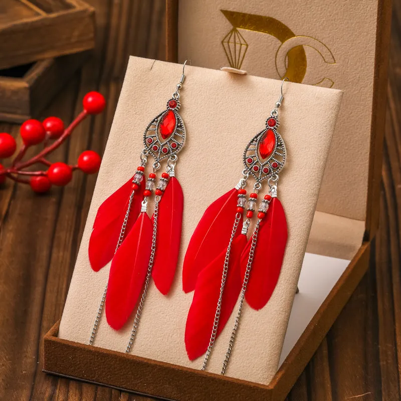 Wholesale Waterdrop Feather Retro Dot Diamond Chain Small Fresh Earrings