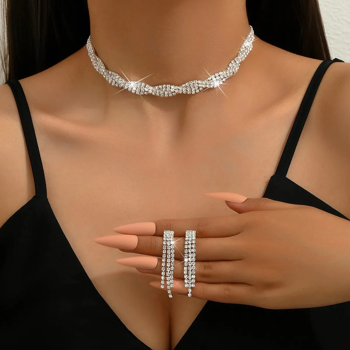 Wholesale Wedding Dress Rhinestone Necklace Earrings Two Piece Set
