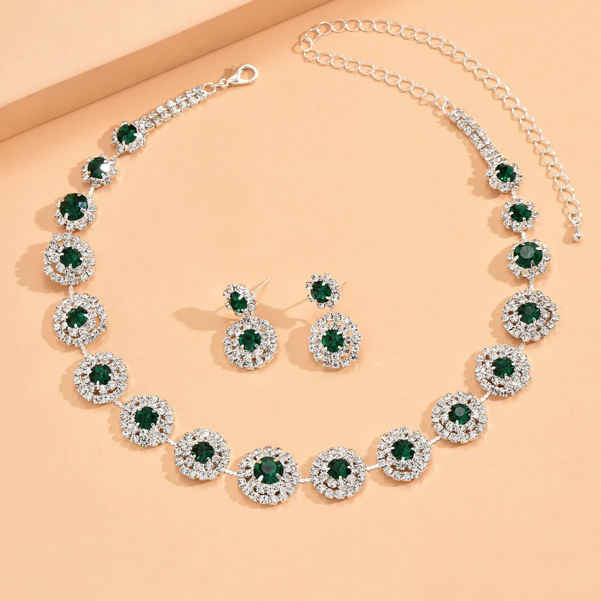 Wholesale Wedding Party Round Rhinestone Necklace Stud Earrings Jewelry Set