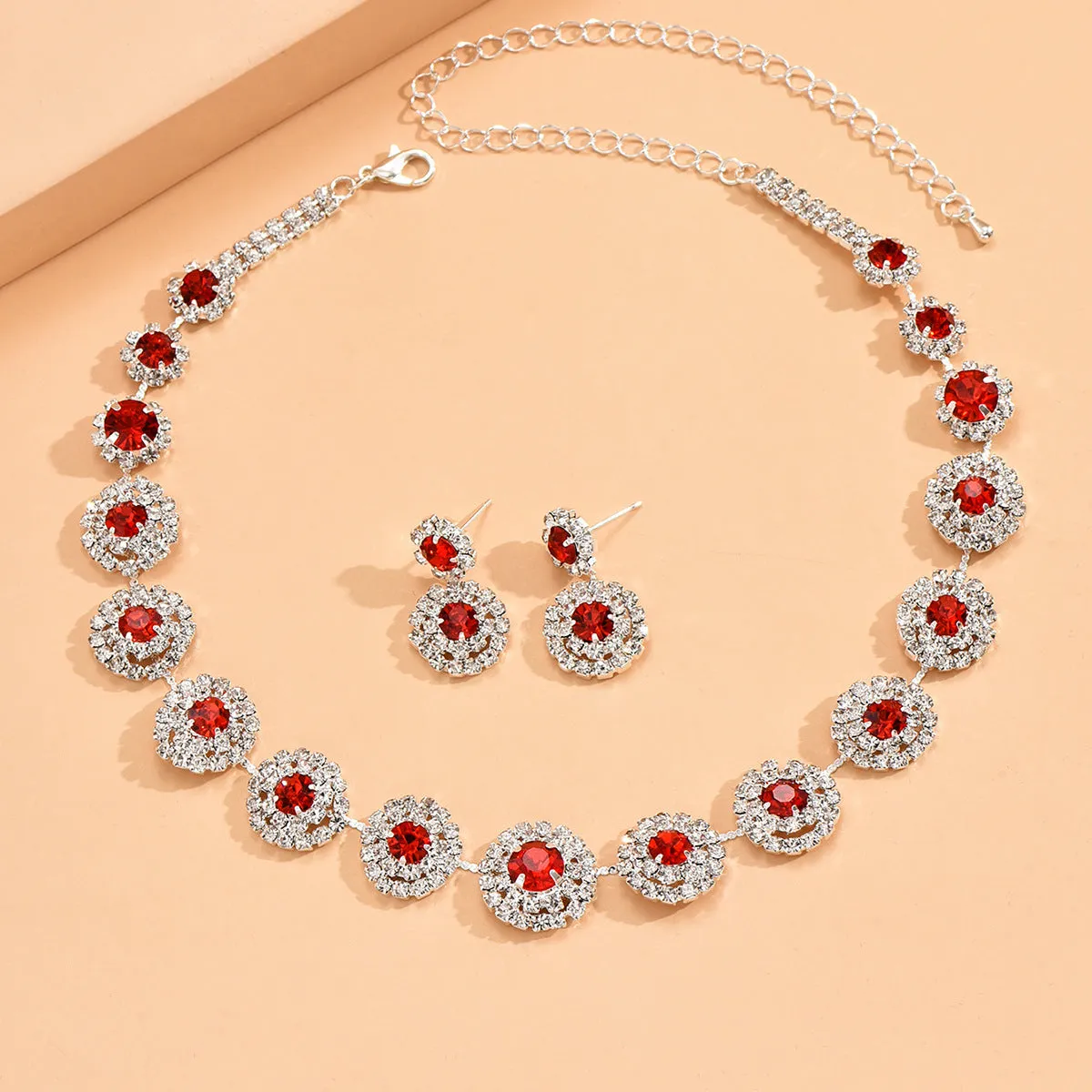 Wholesale Wedding Party Round Rhinestone Necklace Stud Earrings Jewelry Set
