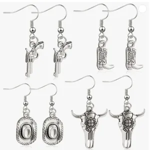 Wholesale Western Cowboy Bull Head Pistol Boots Horseshoe Vintage Earrings