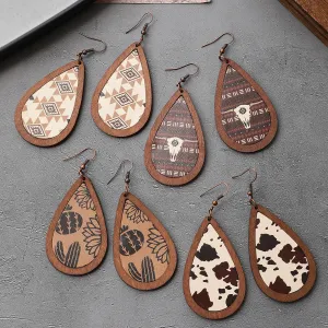 Wholesale Western Cowboy Cactus Bull Head Retro Totem Pattern Leather Wood Earrings