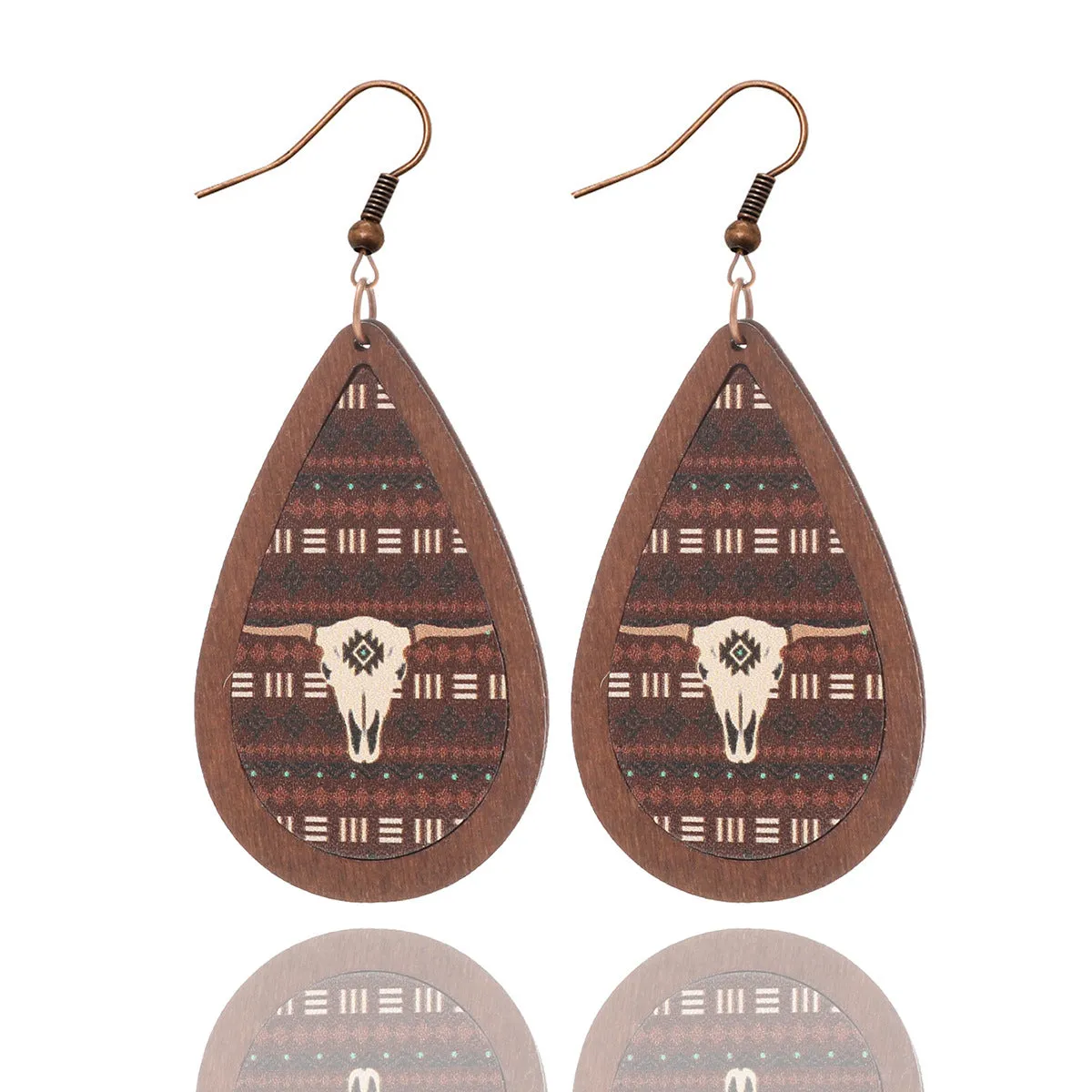Wholesale Western Cowboy Cactus Bull Head Retro Totem Pattern Leather Wood Earrings