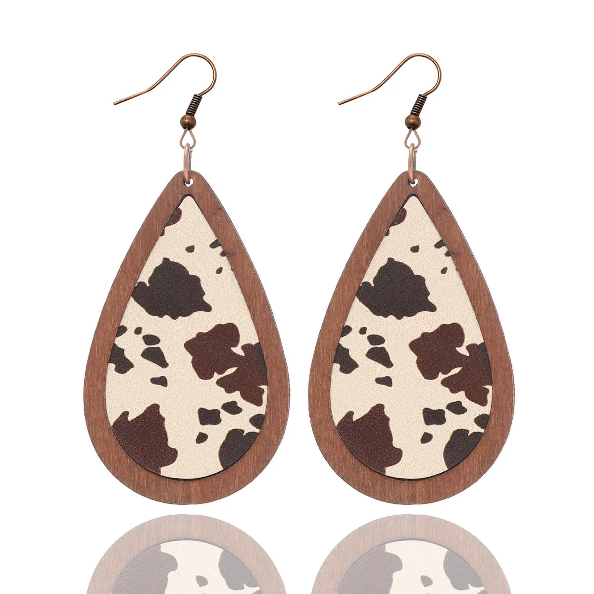 Wholesale Western Cowboy Cactus Bull Head Retro Totem Pattern Leather Wood Earrings