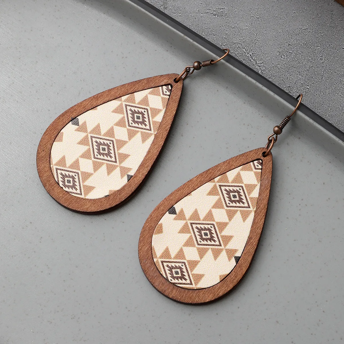 Wholesale Western Cowboy Cactus Bull Head Retro Totem Pattern Leather Wood Earrings
