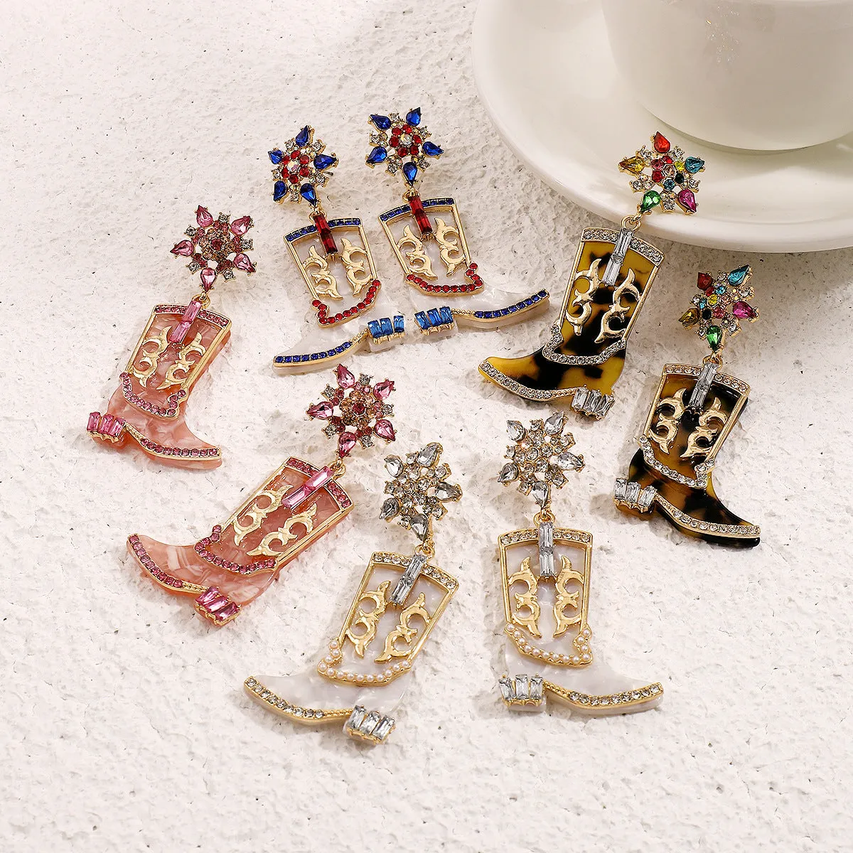 Wholesale Western Cowboy Style Boots Diamond-Drip Oil Independence Day Earrings