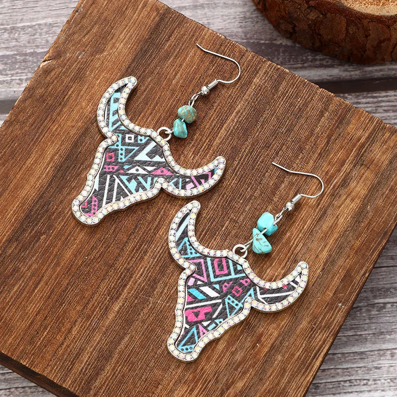 Wholesale Western Cowboy Style Bull Head Color Leather Diamond Retro Earrings