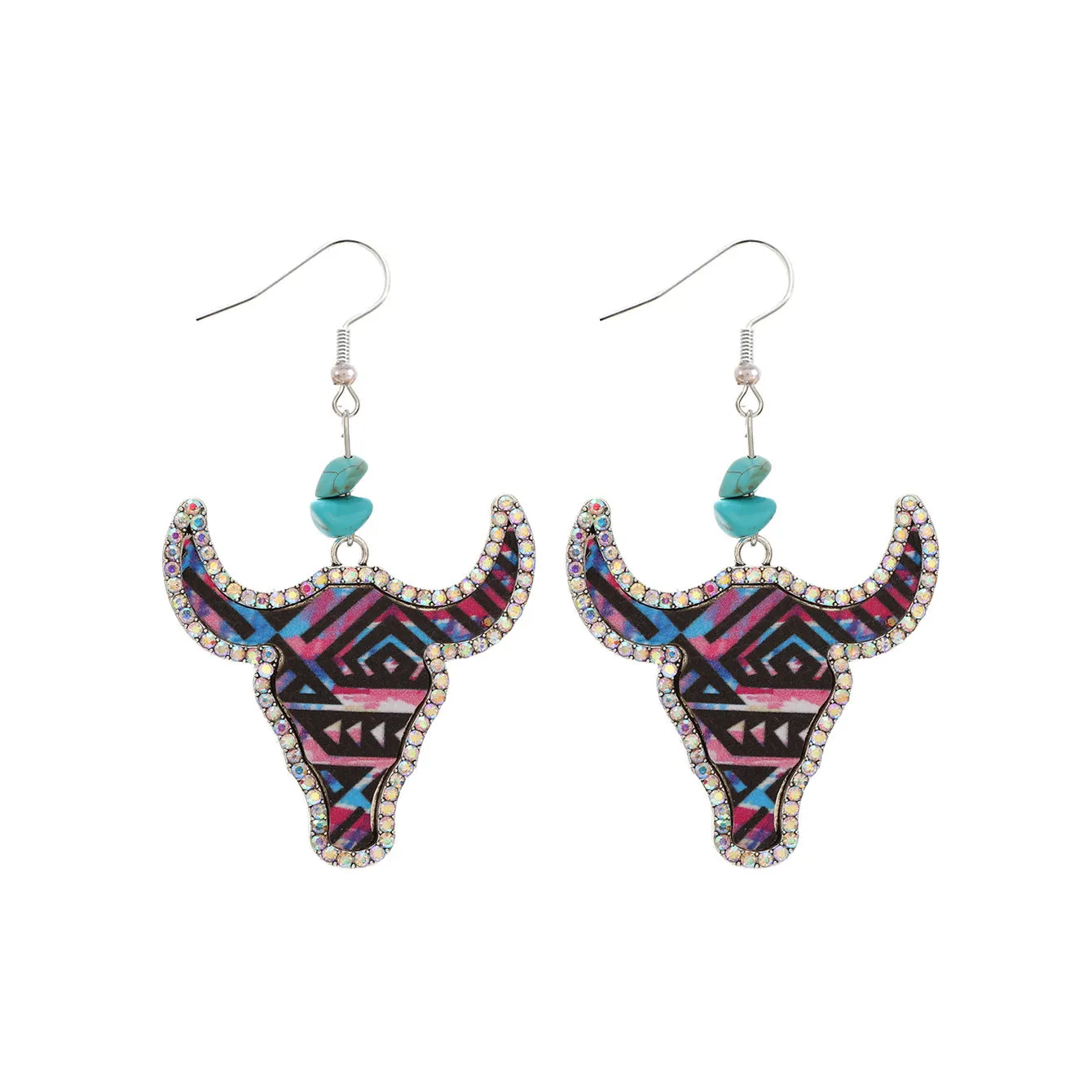 Wholesale Western Cowboy Style Bull Head Color Leather Diamond Retro Earrings