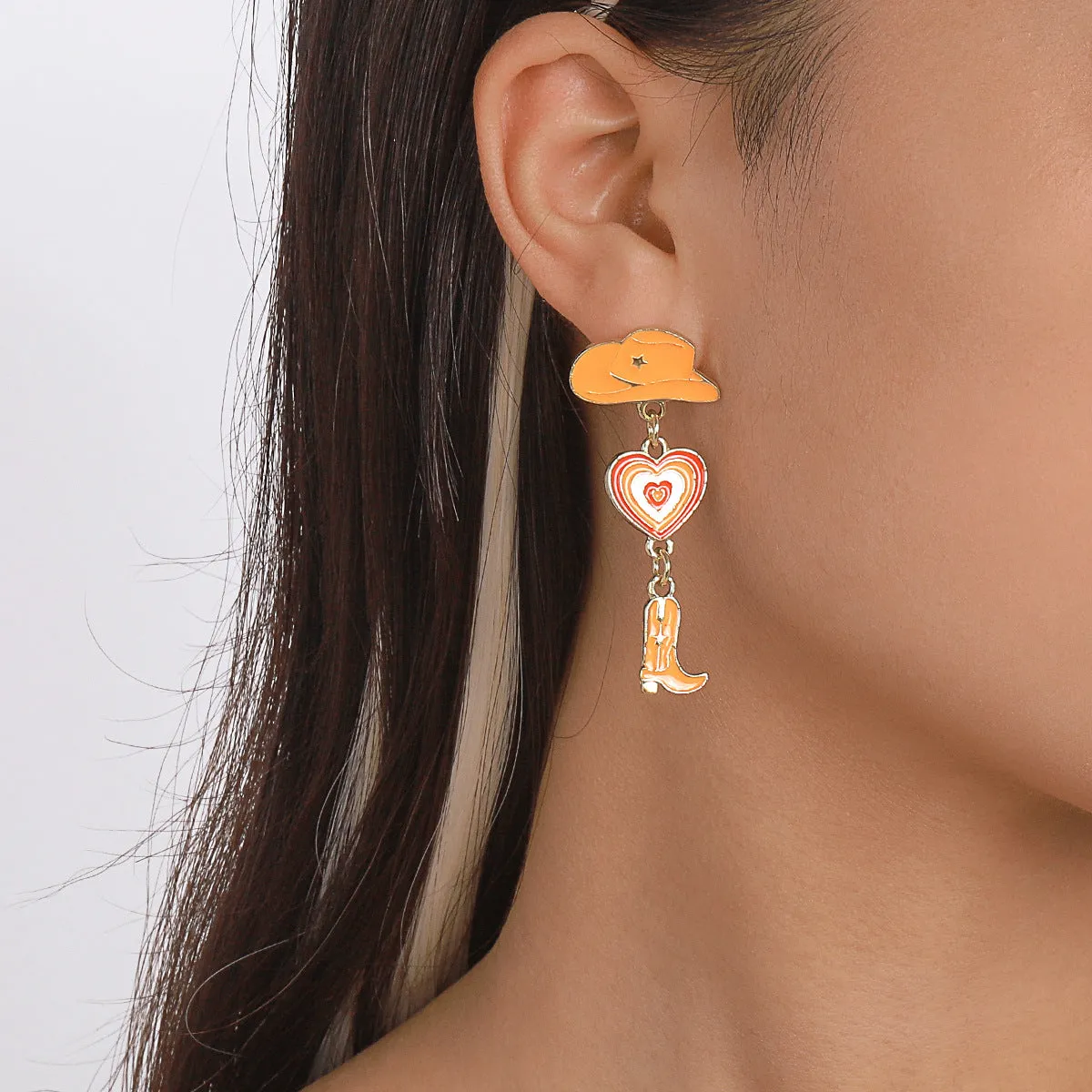 Wholesale Western Cowboy Style Hat Heart Cowboy Boots Oil Drop Earrings