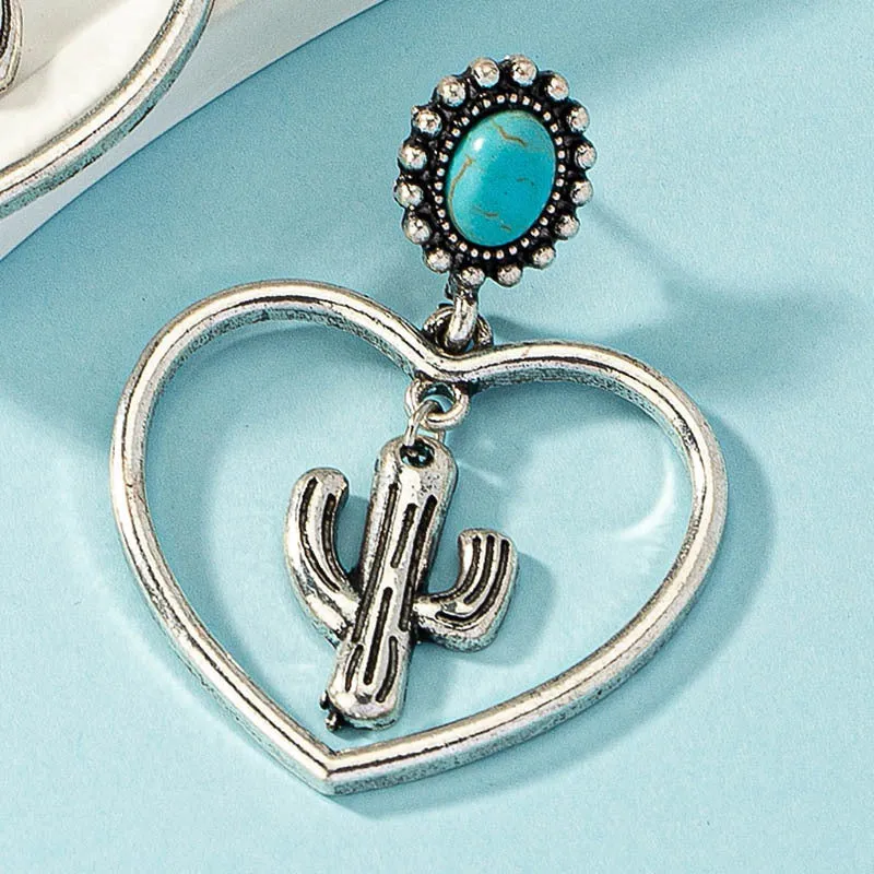 Wholesale Western Cowboy Turquoise Cactus Heart Alloy Earrings