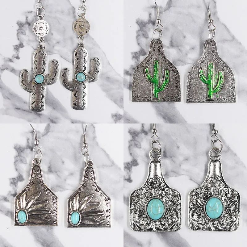 Wholesale Western Distressed Cowboy Style Alloy Turquoise Sunflower Cactus Retro Ethnic Flower Earrings