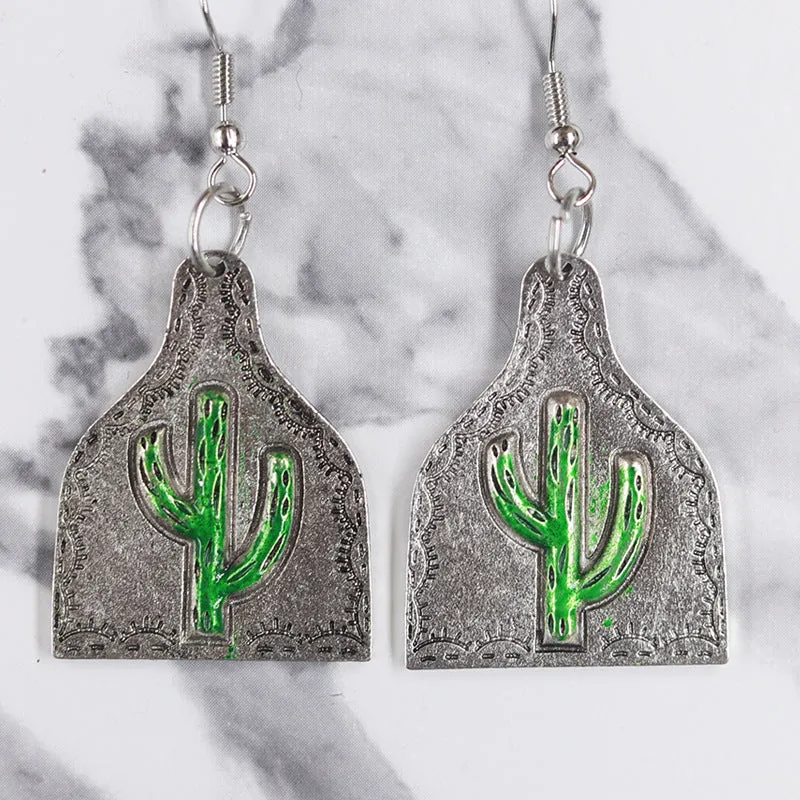 Wholesale Western Distressed Cowboy Style Alloy Turquoise Sunflower Cactus Retro Ethnic Flower Earrings
