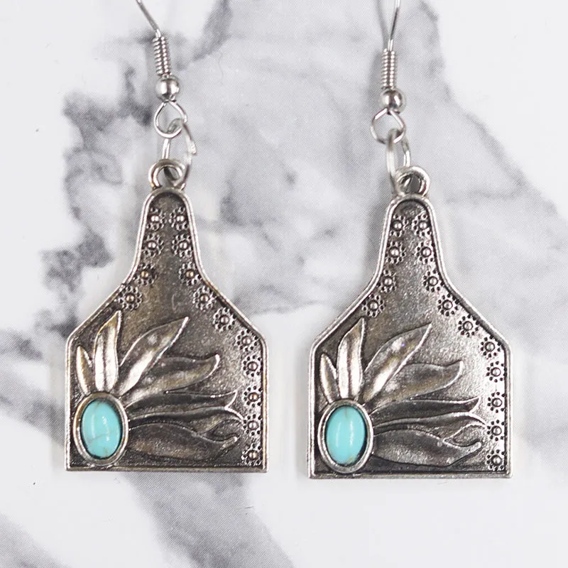 Wholesale Western Distressed Cowboy Style Alloy Turquoise Sunflower Cactus Retro Ethnic Flower Earrings