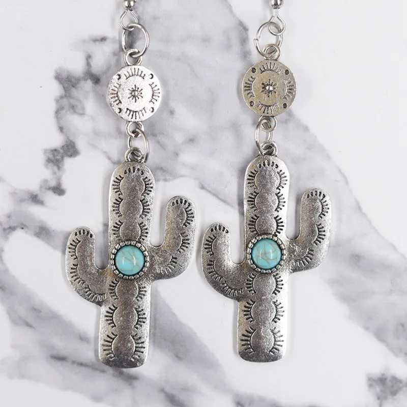 Wholesale Western Distressed Cowboy Style Alloy Turquoise Sunflower Cactus Retro Ethnic Flower Earrings