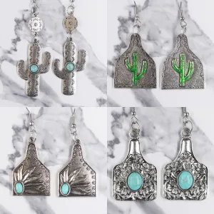 Wholesale Western Distressed Cowboy Style Alloy Turquoise Sunflower Cactus Retro Ethnic Flower Earrings
