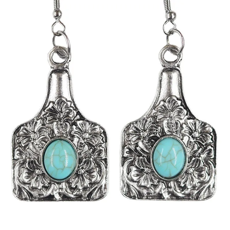Wholesale Western Distressed Cowboy Style Alloy Turquoise Sunflower Cactus Retro Ethnic Flower Earrings