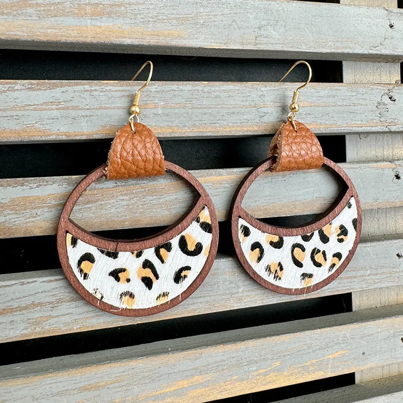 Wholesale Western Leather Circular Geometric Hollow Inlaid with Leopard Print Classic Exaggerated Earrings