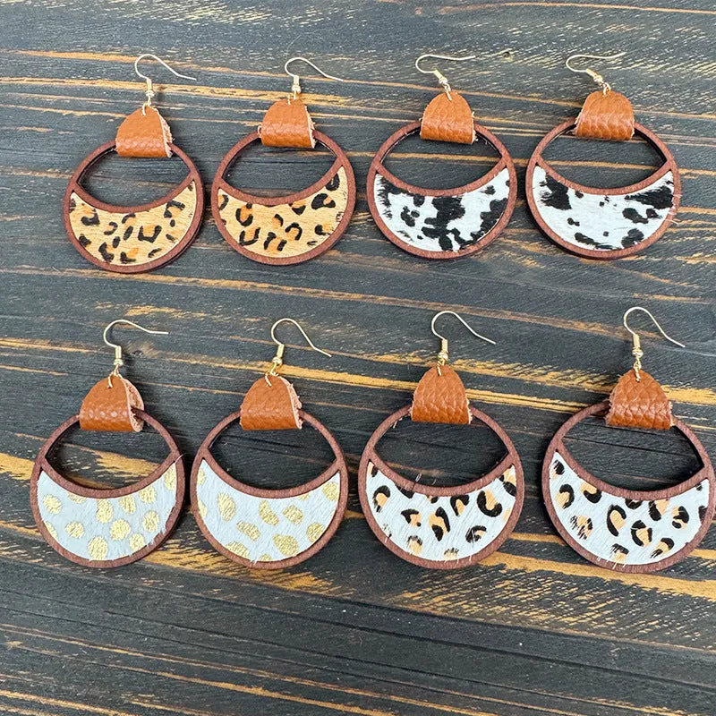 Wholesale Western Leather Circular Geometric Hollow Inlaid with Leopard Print Classic Exaggerated Earrings