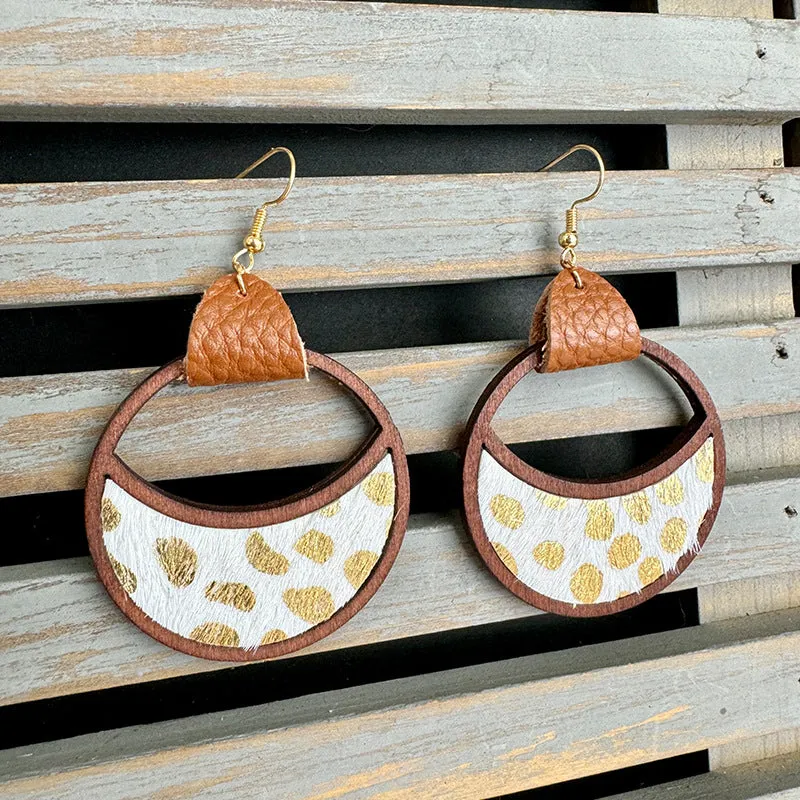 Wholesale Western Leather Circular Geometric Hollow Inlaid with Leopard Print Classic Exaggerated Earrings