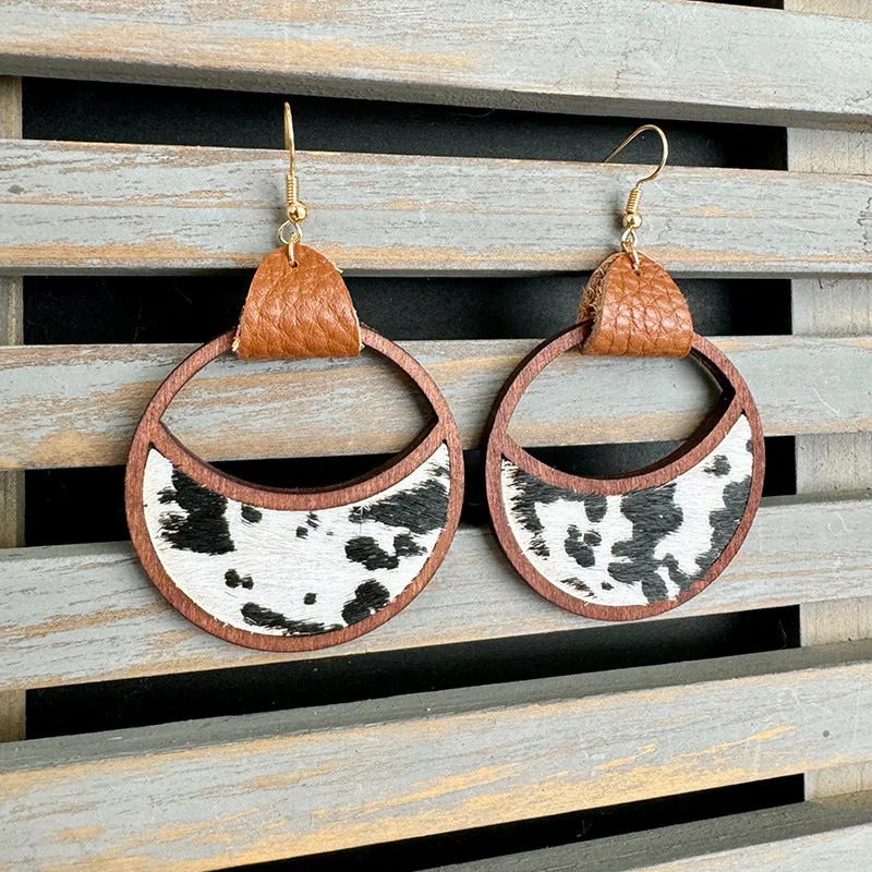 Wholesale Western Leather Circular Geometric Hollow Inlaid with Leopard Print Classic Exaggerated Earrings