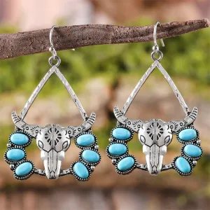 Wholesale Western Style Bull Head Tribal Turquoise Exaggerated Retro Ethnic Style Earrings