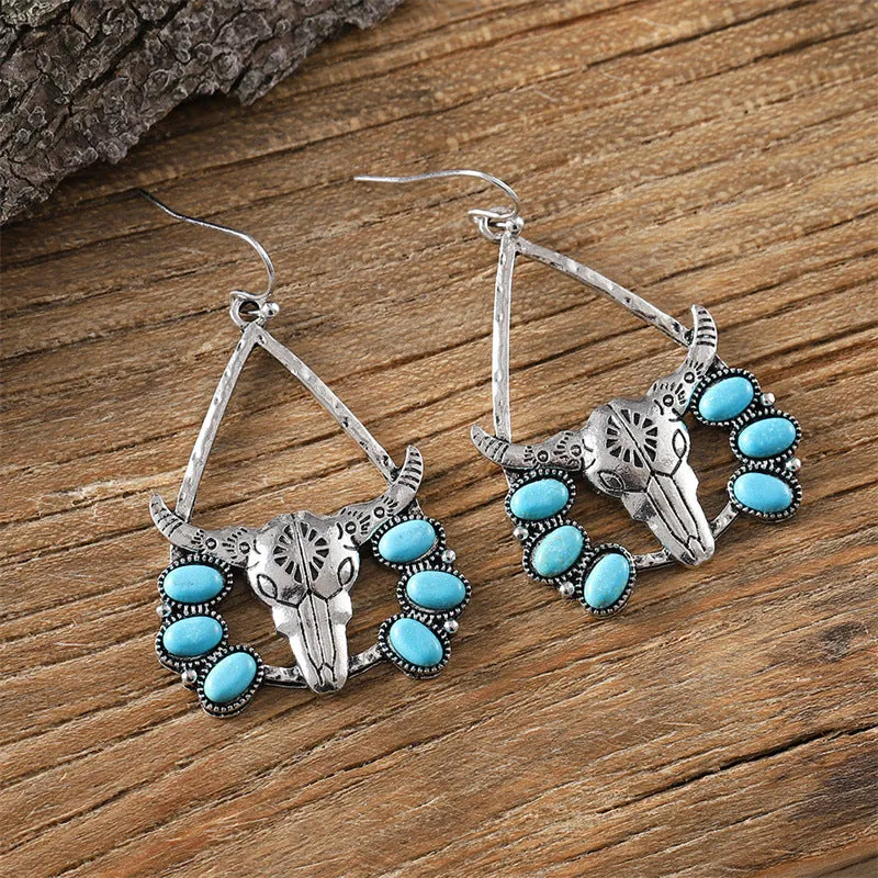 Wholesale Western Style Bull Head Tribal Turquoise Exaggerated Retro Ethnic Style Earrings