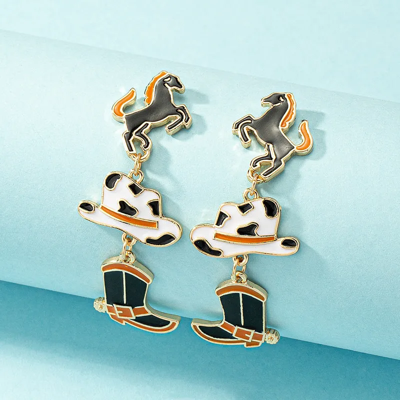 Wholesale Western Style Cow Pattern Cowboy Hat Boots Earrings