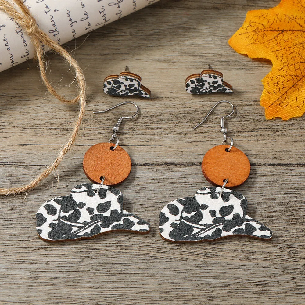 Wholesale Western Style Cow Pattern Cowboy Hat Wooden Earrings