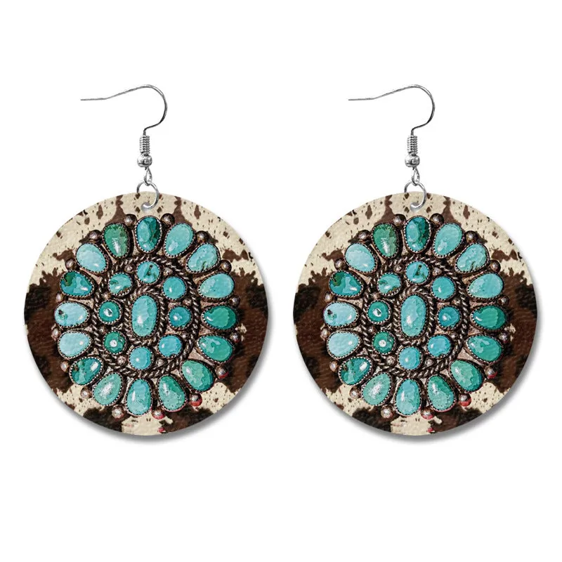 Wholesale Western Style Cow Pattern Sunflower Bull Head Leather Earrings