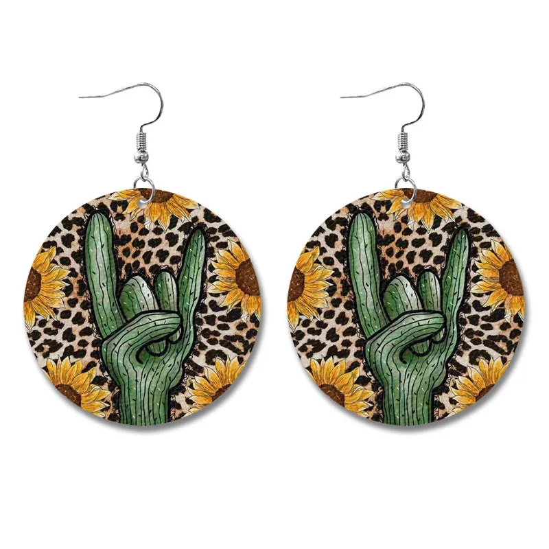 Wholesale Western Style Cow Pattern Sunflower Bull Head Leather Earrings