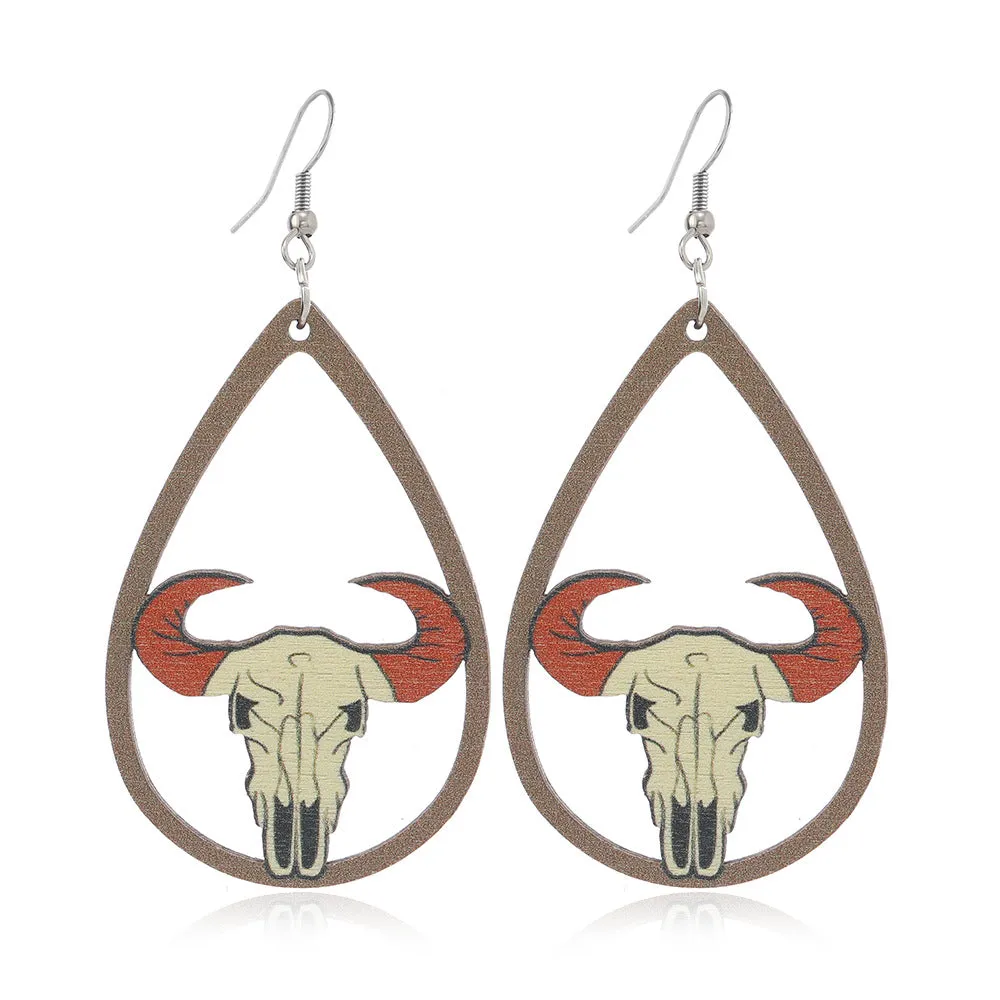 Wholesale Western Style Sunflower Bull Head Wooden Earrings