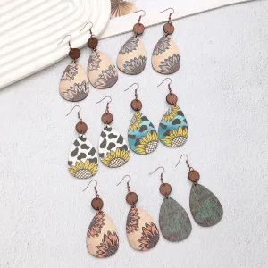 Wholesale Western style sunflower cow pattern farm retro wood grain wood chip thin Earrings