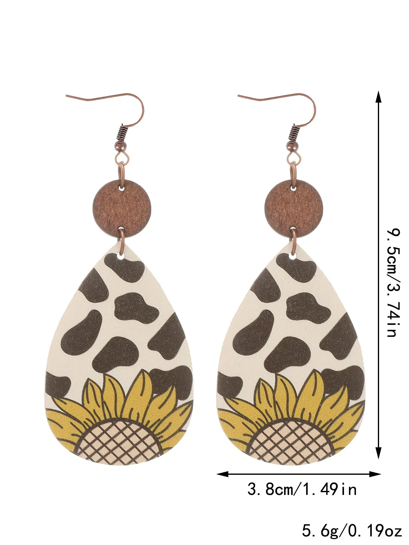 Wholesale Western Style Sunflower Cow Pattern Vintage Wood Grain Earrings