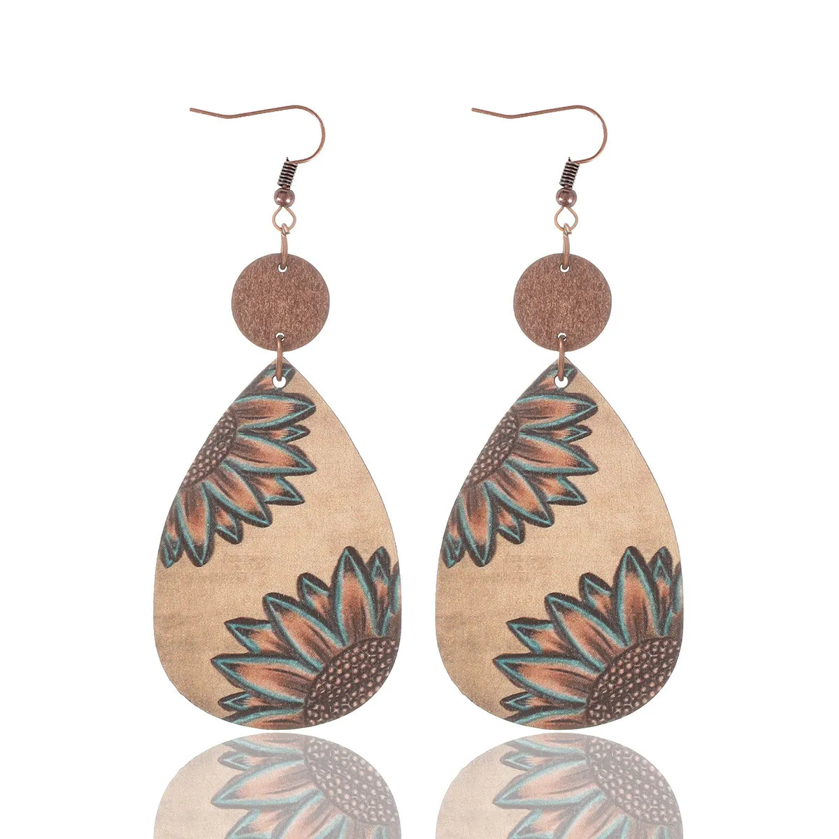 Wholesale Western Style Sunflower Cow Pattern Vintage Wood Grain Earrings