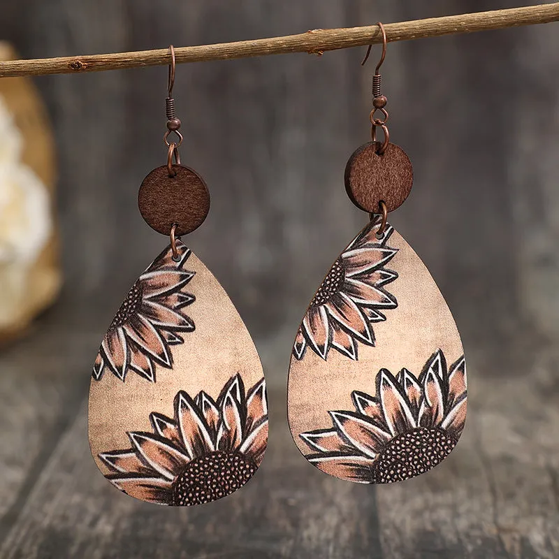 Wholesale Western style sunflower retro wood carving water drop Earrings creative stitching Earrings