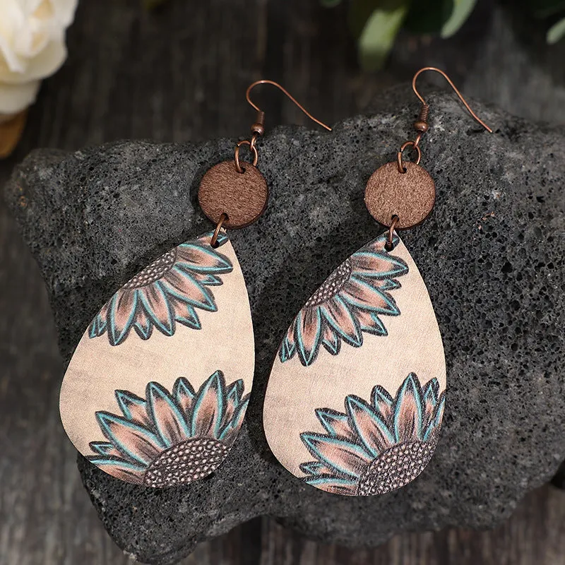 Wholesale Western style sunflower retro wood carving water drop Earrings creative stitching Earrings