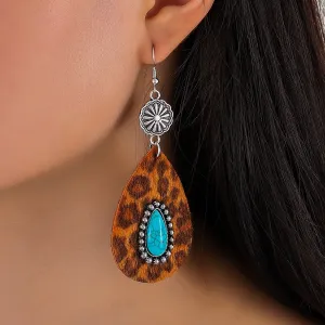 Wholesale Western Style Turquoise Water Drop Leopard Print Leopard Print Geometric Plush Earrings