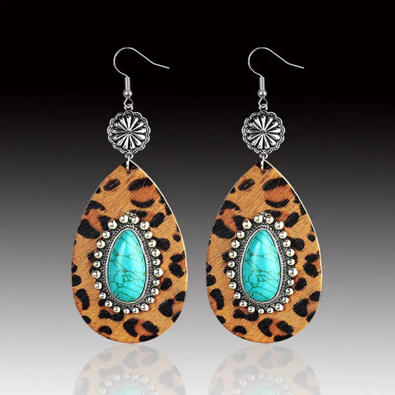 Wholesale Western Style Turquoise Water Drop Leopard Print Leopard Print Geometric Plush Earrings